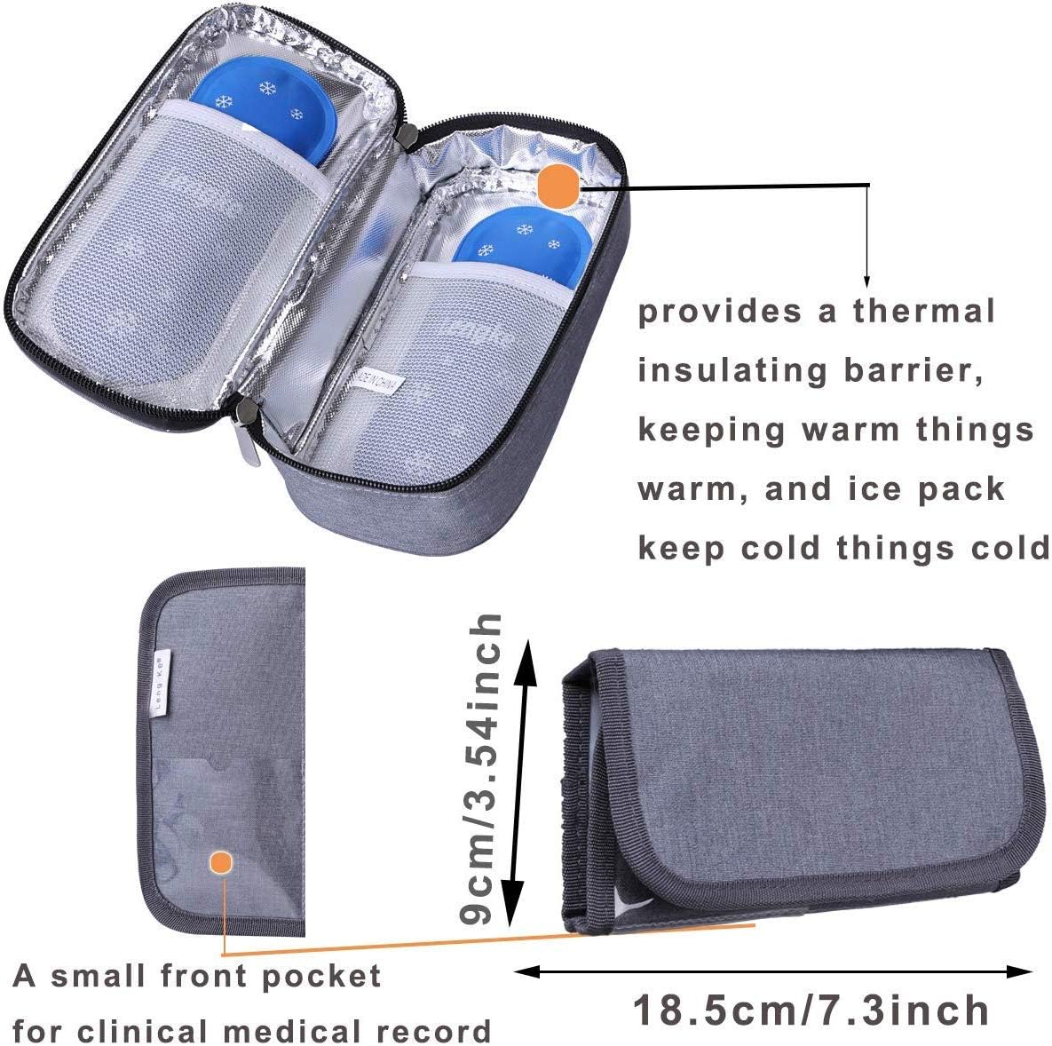 JAKAGO Insulin Cooler Travel Case Waterproof Portable Diabetic Medical Organize Bag with 2 Ice Pack Cooler Insulation Liner for Insulin Syringes Pens Vials Glucose Meter (Gray) - Image 4