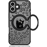 Heaofei Cute Case for iPhone 16 Plus Case with Stand [ Compatible with MagSafe ] Kawaii Black Cat & Floral & Butterflies Pattern Design 360 Magnetic Ring Kickstand Phone Cover for Women Girls Boys