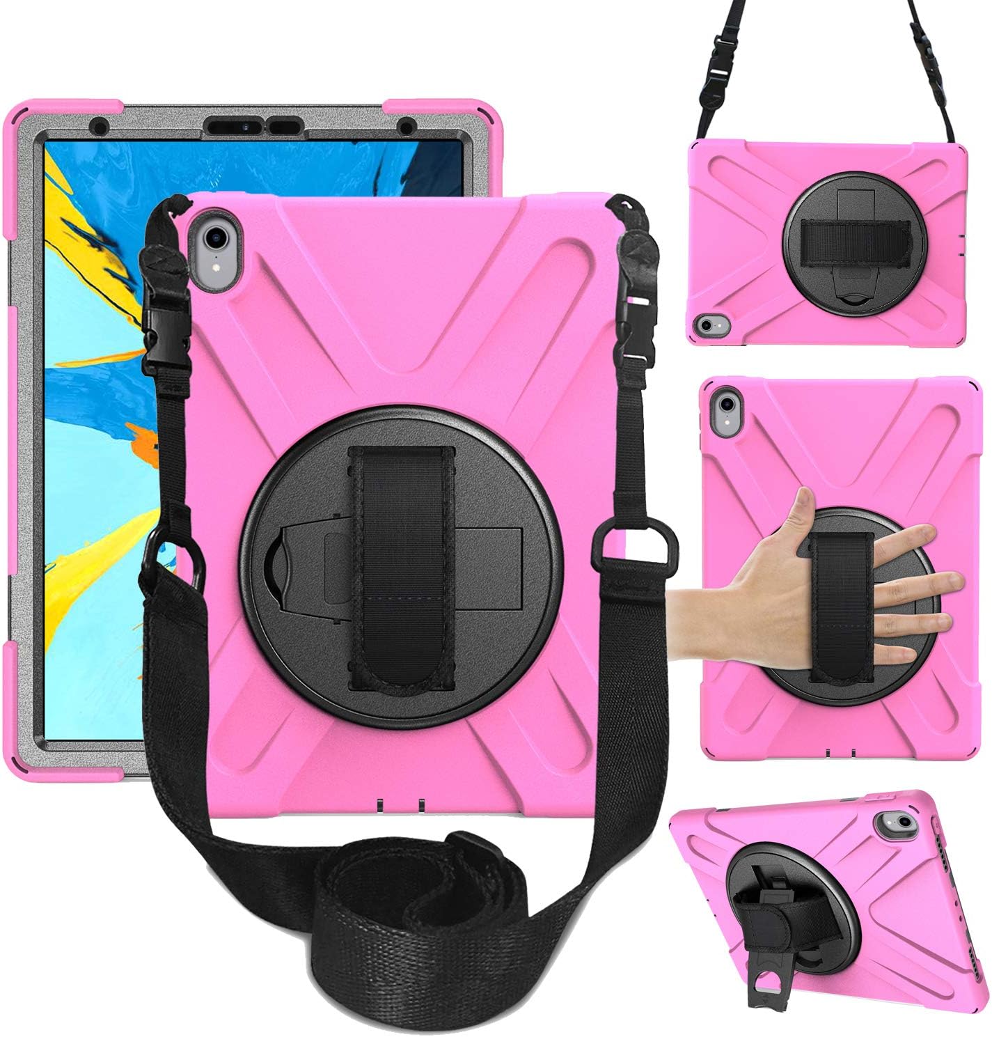 iPad Pro 11 Case 2018, 360 Degree Rotating Kickstand Cover with Adjustable Hand Strap & Shoulder Strap, Heavy Duty Silicone Shockproof Rugged Case for Apple iPad Pro 11 Inch 2018 Release (Pink)