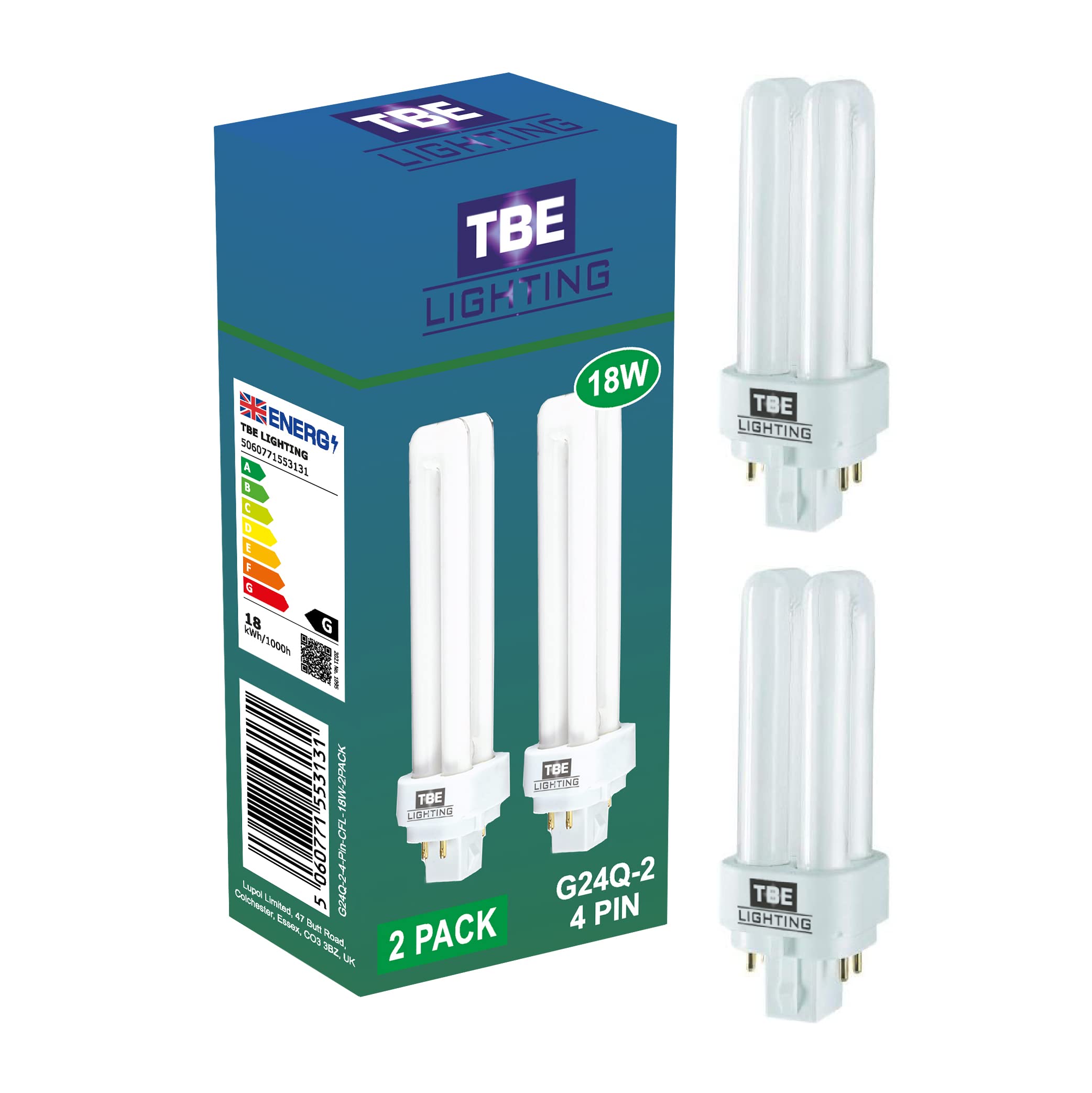 TBE LIGHTING 18w G24Q-2 4-Pin CFL Lamp - Pack of 2 Units - Cool White 4000K, 1250 Lumen/Double Turn CFL Compact Fluorescent Light