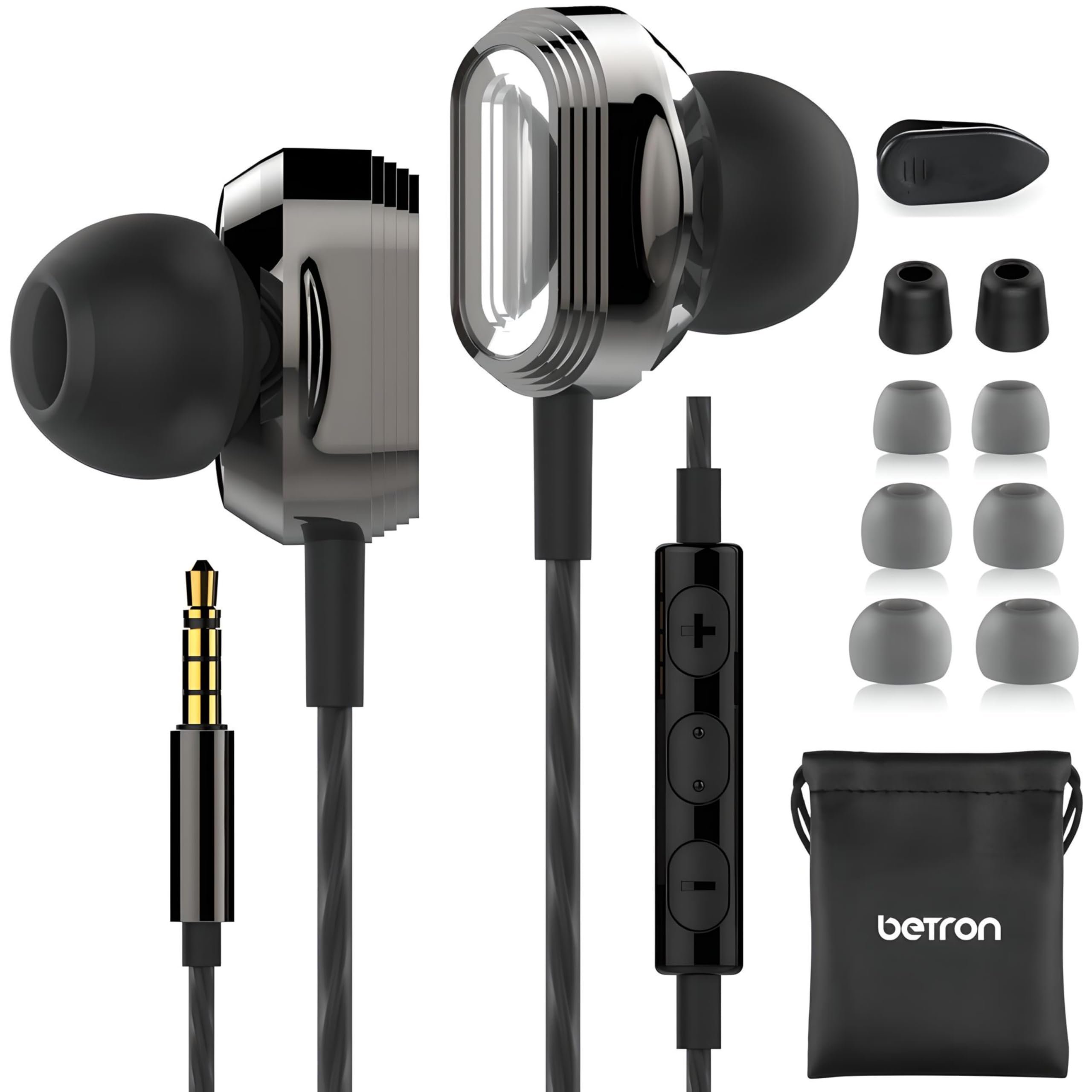 Betron Pro-X7 Wired In-Ear Headphones with Microphone, Noise Isolating Earphones with Dual Drivers and Volume Control, 3.5mm Jack