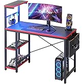 Bestier Gaming Desk with LED Lights, 44 Inch PC Gamer Desk for Small Spaces, Computer Desk with Reversible Storage Shelves & Side Storage Bag (Black 3D Carbon Fiber)