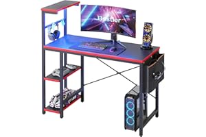 Bestier Gaming Desk with LED Lights, 44 Inch PC Gamer Desk for Small Spaces, Computer Desk with Reversible Storage Shelves & Side Storage Bag (Black 3D Carbon Fiber)