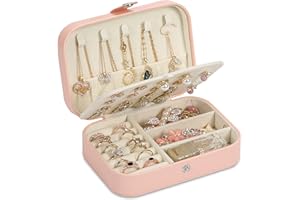 XZUZ Travel Jewelry Box, PU leather Small Jewelry Organizer For Female Girls, double layer portable mini travel case for storing earrings, rings, necklaces.(Pink)