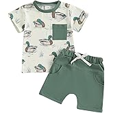Arvbitana Toddler Baby Boy Hunting Outfit Summer Short Sleeve Mallard Duck T-shirt Checkered Plaid Shorts Two Piece Clothes
