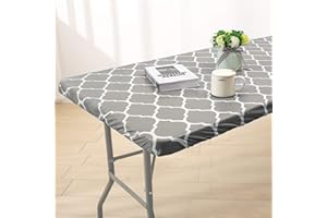 Zhuqing Picnic Table Cover 6ft Rectangle, Vinyl Fitted Tablecloth with Elastic, Waterproof with Flannel Backing, for Camping Outdoor, 30"x72", Gray Moroccan