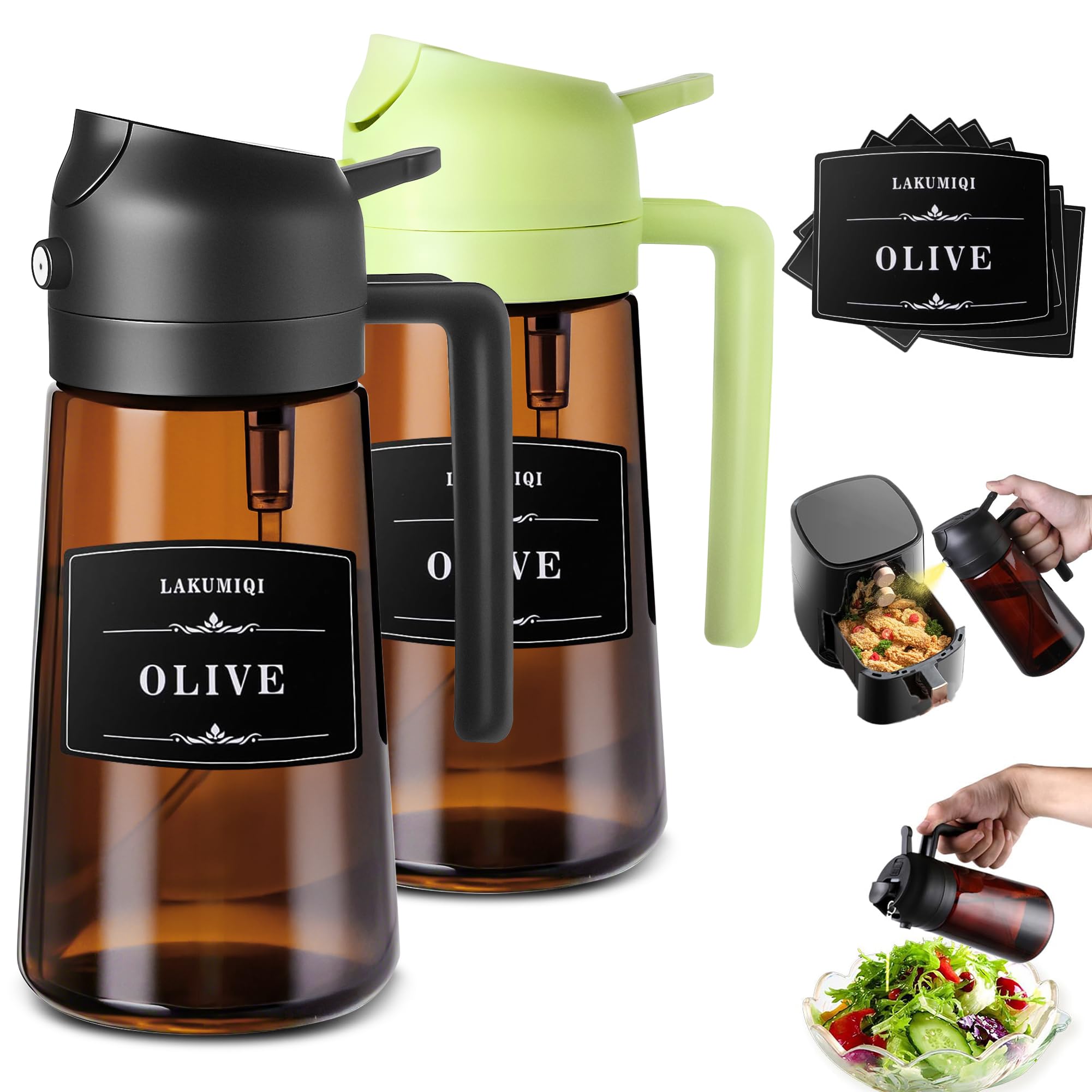 Photo 1 of LAKUMIQI 2-in-1 Glass Oil Dispenser & Sprayer - 16oz/470ml Leakproof Bottle for Cooking, Air Fryer, BBQ, Baking, Salad (Light-Blockage Black And Green)