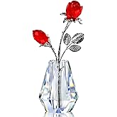 H&D HYALINE & DORA Crystal Red Rose Figurine Collectible Glass Double Roses Flowers Bouquets Ornament Decor for Home Wedding Party
