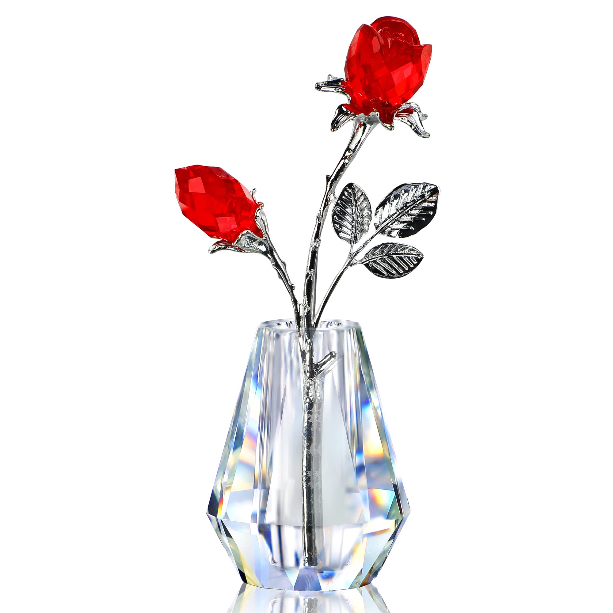 H&D HYALINE & DORA Crystal Red Roses,Glass Rose Flower Figurine with Silver Pole,Forever Crystal Rose Paperweight Romantic Gift for Her/Wife/Mom/Women Valentines Day Gifts For Her