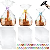 CHENGU 80 Pcs 3 Sizes Shrink Wrap Bags for Gift Baskets 20" x 28" 16" x 24" 14" x 18" Clear plastic Heat Shrink Cellophane Bags and 6 Color Pull Bows for easter Christmas Baskets Packaging