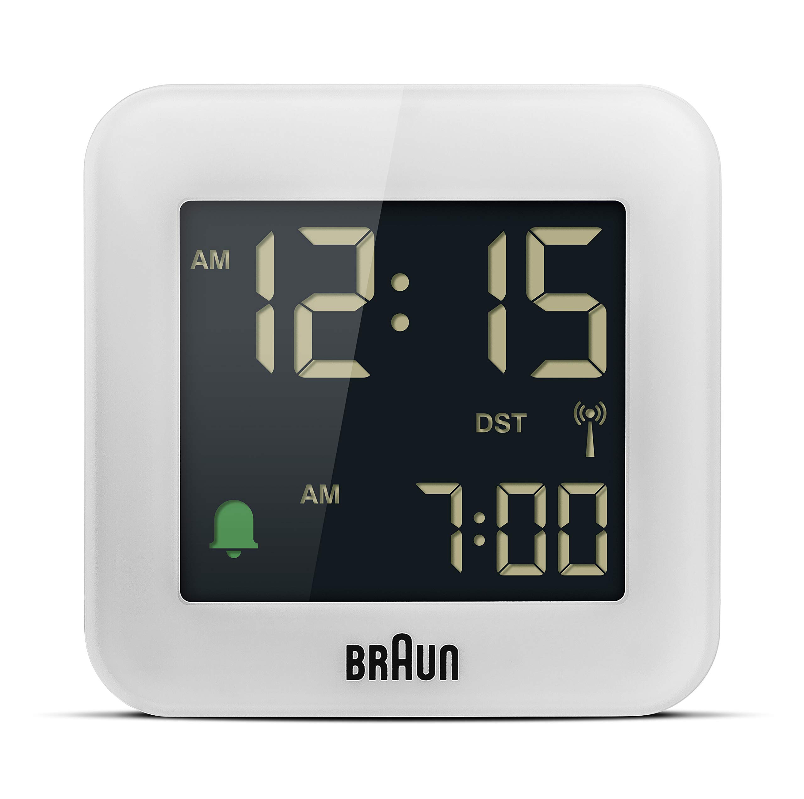 Braun Digital Radio Controlled Travel Alarm Clock For Central European Time Zone (DCF) with Snooze, Compact Size, Negative LCD Display, Quick Set, Crescendo Beep Alarm in White, model BC08W-DCF.