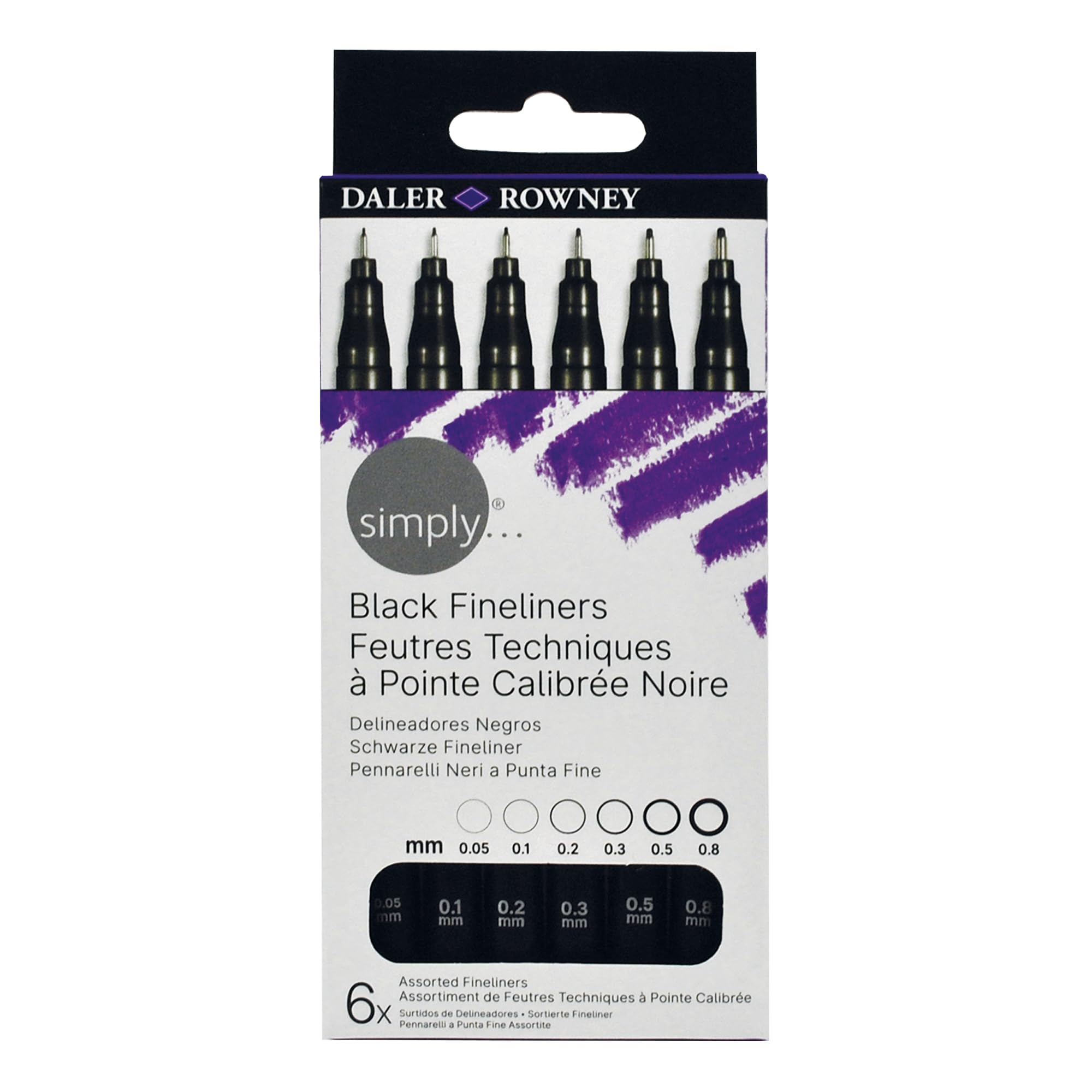 Daler-Rowney Simply Black Fineliners Set, 6 Pens, Ilustration, Drawing, Water-Resistant, for Entry-Level Artists & Hobbyists