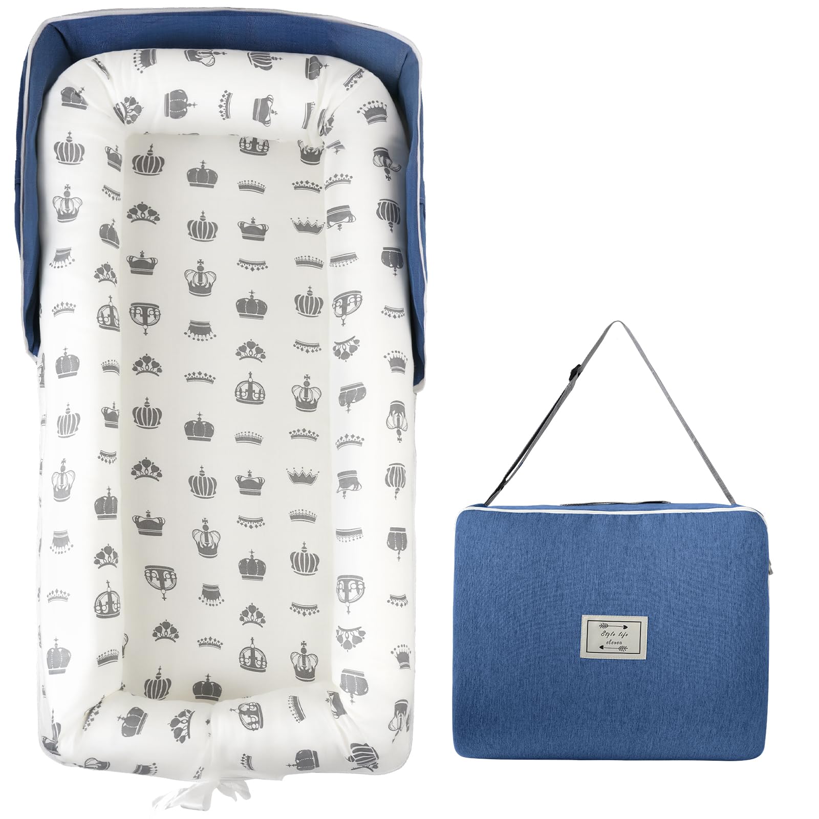 Photo 1 of Portable Baby Lounger - Foldable Infant Lounge with Adjustable U-Shaped Bumper & Storage Bag, Breathable Cotton Snug Spot for Supervised Rest & Play at Home or On The Go,Blue Crown