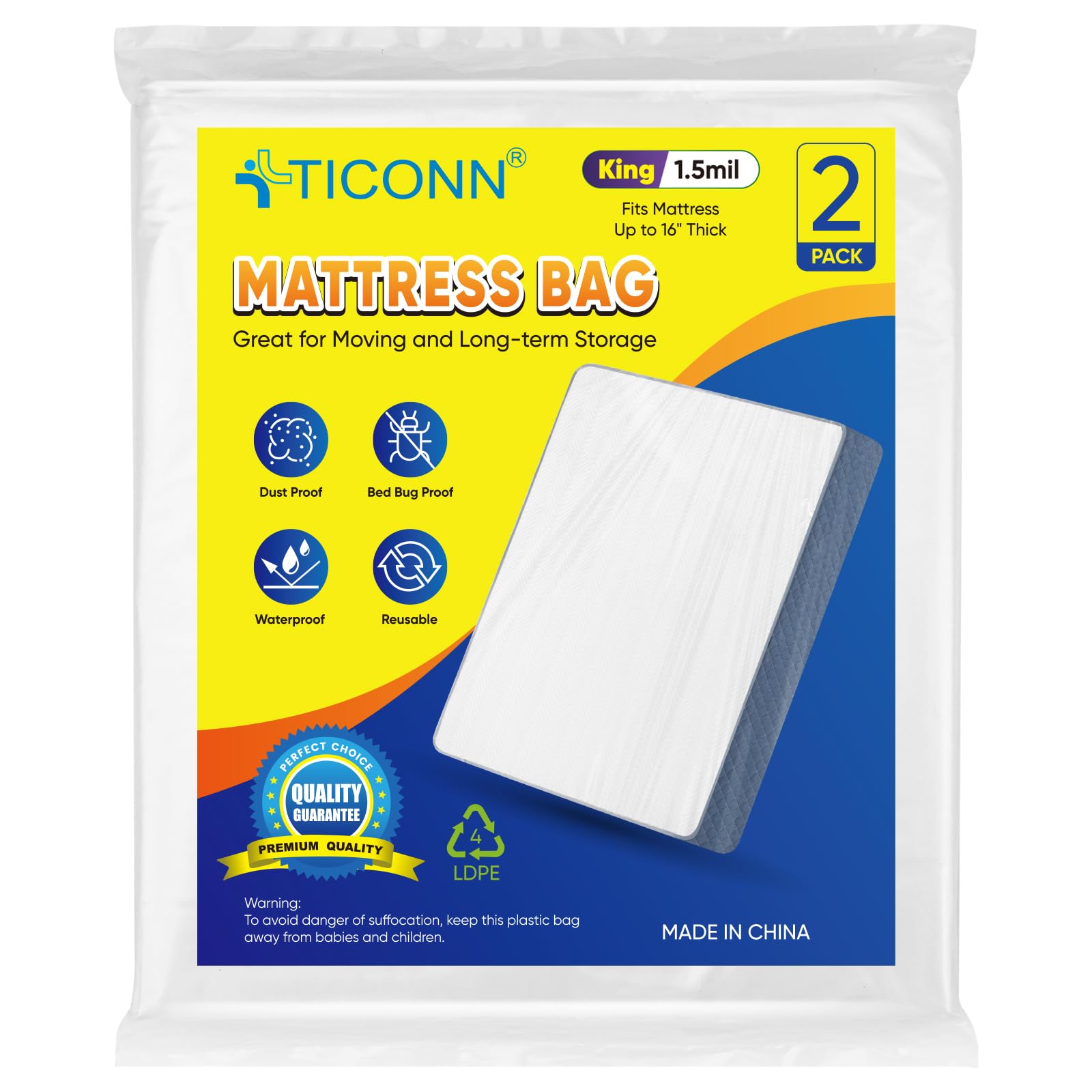TICONN 2PK Plastic Mattress Bag for Moving Storage, Waterproof Mattress Protector Cover, Heavy-Duty Mattress Moving Supplies (1.5 mil, King)