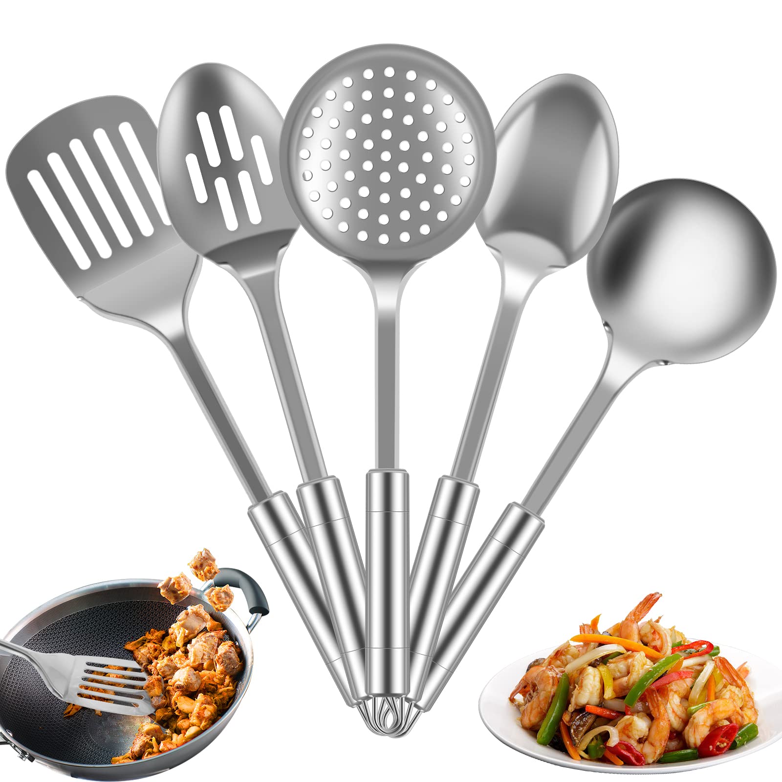 Gatphy 5Pcs Kitchen Utensils Set Stainless Steel Cooking Utensils Set Heat Resistant Kitchen Cooking Spoons Spatula Turner with Hanging Hole Non Stick Cookware Utensil Dishwasher Safe