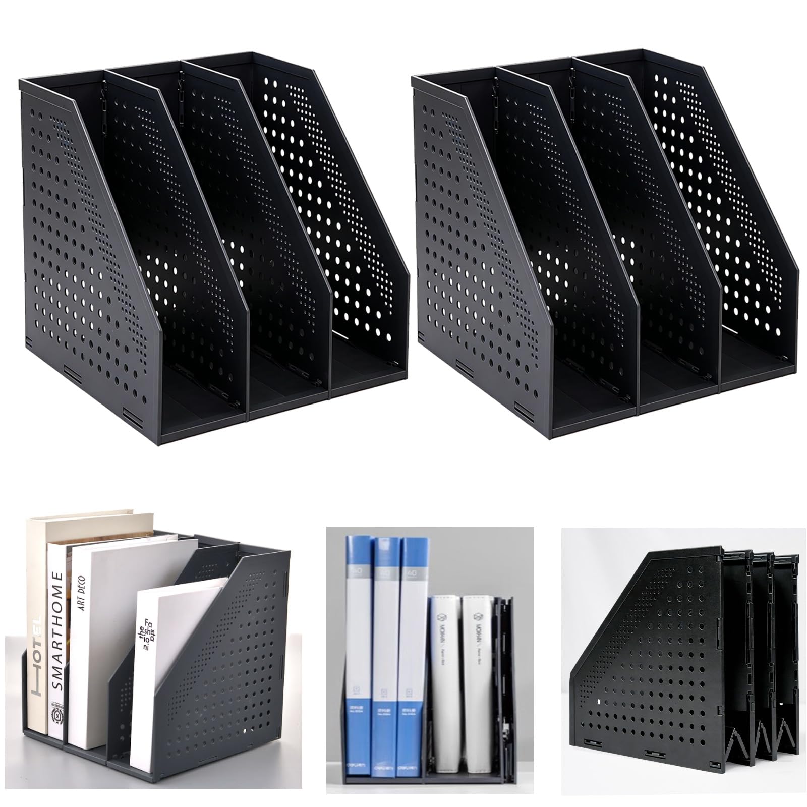 Marte Vanci Collapsible Magazine File Holder Desktop Book Organiser Lever Arch File Storage Folder Document Rack Divider Adjustable for Office School Desk Shelves 3 Compartment (Black 2 Pcs)