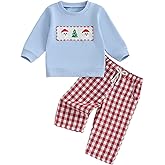 Arvbitana Toddler Baby Boys Christmas Outfits Long Sleeve Embroidery Sweatshirt Gingham Plaid Pants Two Piece Smocked Clothes