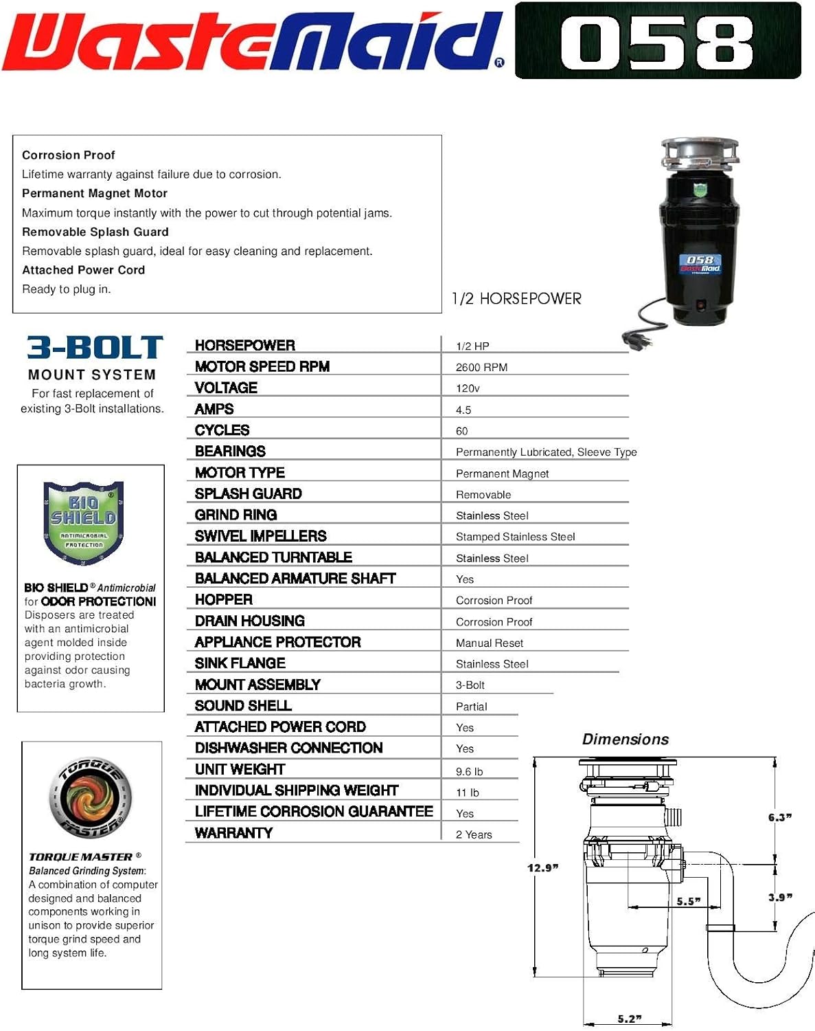Waste Maid 10-US-WM-058-3B Garbage Disposal, 1/2 HP Economy, Black - - 