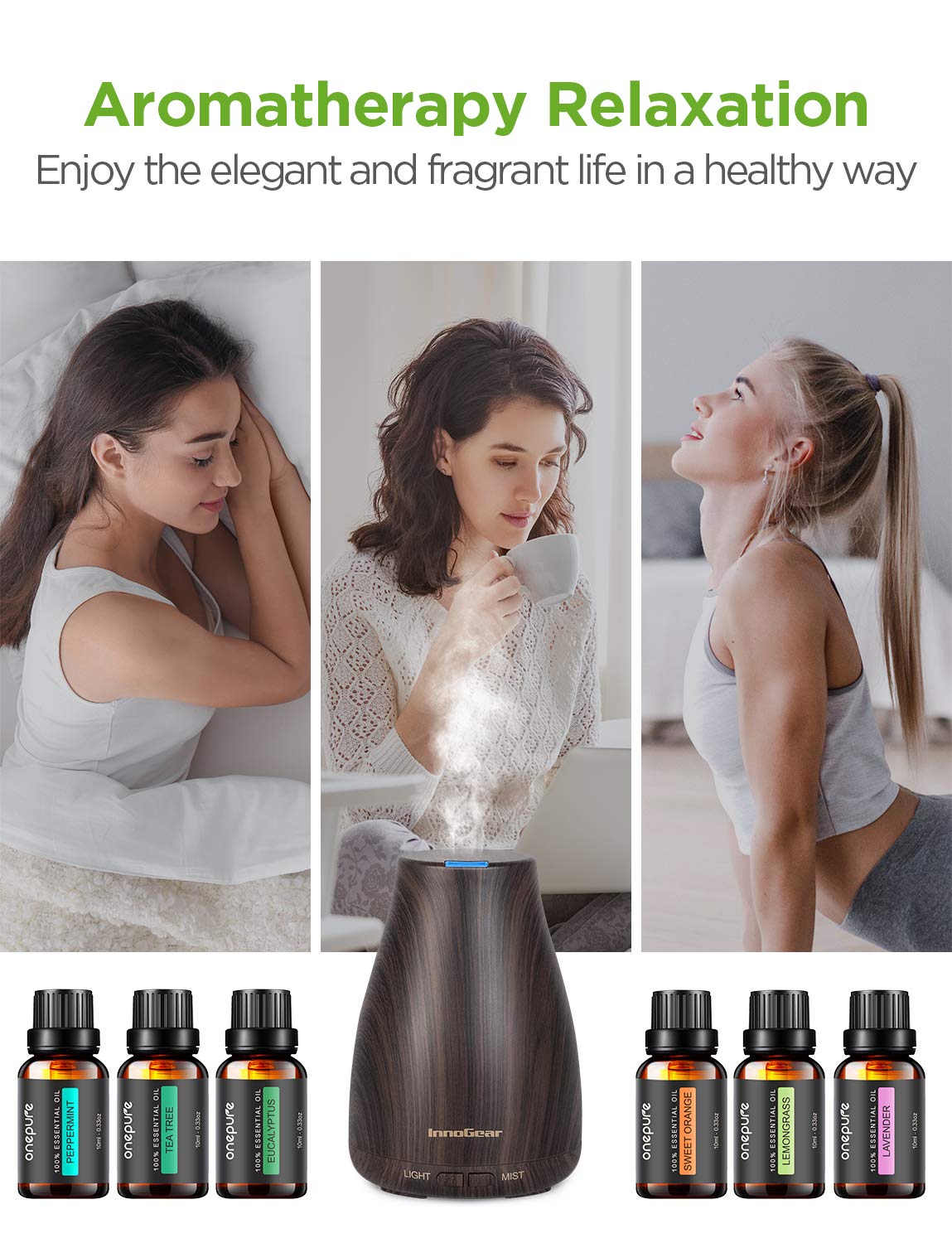 InnoGear Essential Oil Diffuser with Oils, 150ml Aromatherapy Diffuser with 6 Essential Oils Set, Aroma Cool Mist Humidifier Gift Set, Dark : Beauty