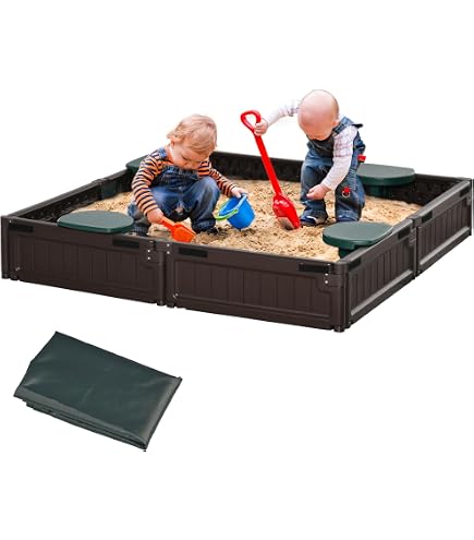 Qaba Rectangular Sandbox With Cover 4 Seats Waterproof Liner Qaba Large ...