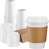 GUSTO [50 Sets - 12 oz. Disposable White Coffee Cups with White Lids, Sleeves - To Go Paper Hot Cups (Formerly Comfy Package)