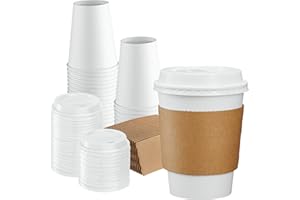 Gusto [50 Sets] 12 oz. Disposable White Coffee Cups with White Lids, Sleeves - to Go Paper Hot Cups- Formerly Comfy Package