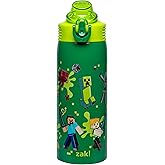 Zak Designs Minecraft Sage Kids Water Bottle For School or Travel, 19oz Stainless Steel Water Bottle With Straw, Handle, and Leak-Proof, Pop-Up Spout Cover (Steve, Alex, Mobs)