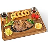 HALE OTEIR Acacia Wood Steak Plates - Steak Plate Cutting Board 2 Sauce Cups for Meat Cheese Appetizers, Wood Serving Board, Charcuterie Board Platter Perfect for Housewarming, Christmas, Mother's Day