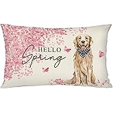 YINENA Hello Spring Dog Throw Pillow Cover 12x20 Inch Outdoor Golden Retriever Cherry Blossom Floral Decorations Lumbar Decorative Throw Pillow Case for Couch Home Room Decor