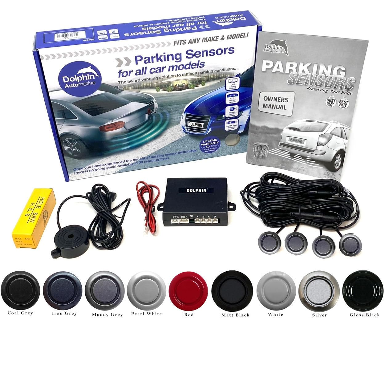 Dolphin Automotive DMS400 Micro Size Reverse Parking Sensors - 4 Rear Sensors With Audio Alerts - Auto Express Award Winning Brand In 9 Colours (Muddy Grey)
