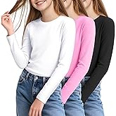 KEREDA 3 Pack Girls Long Sleeve Shirts Soft Cotton Crewneck Plain Tops Tees Clothes for Kids Tween