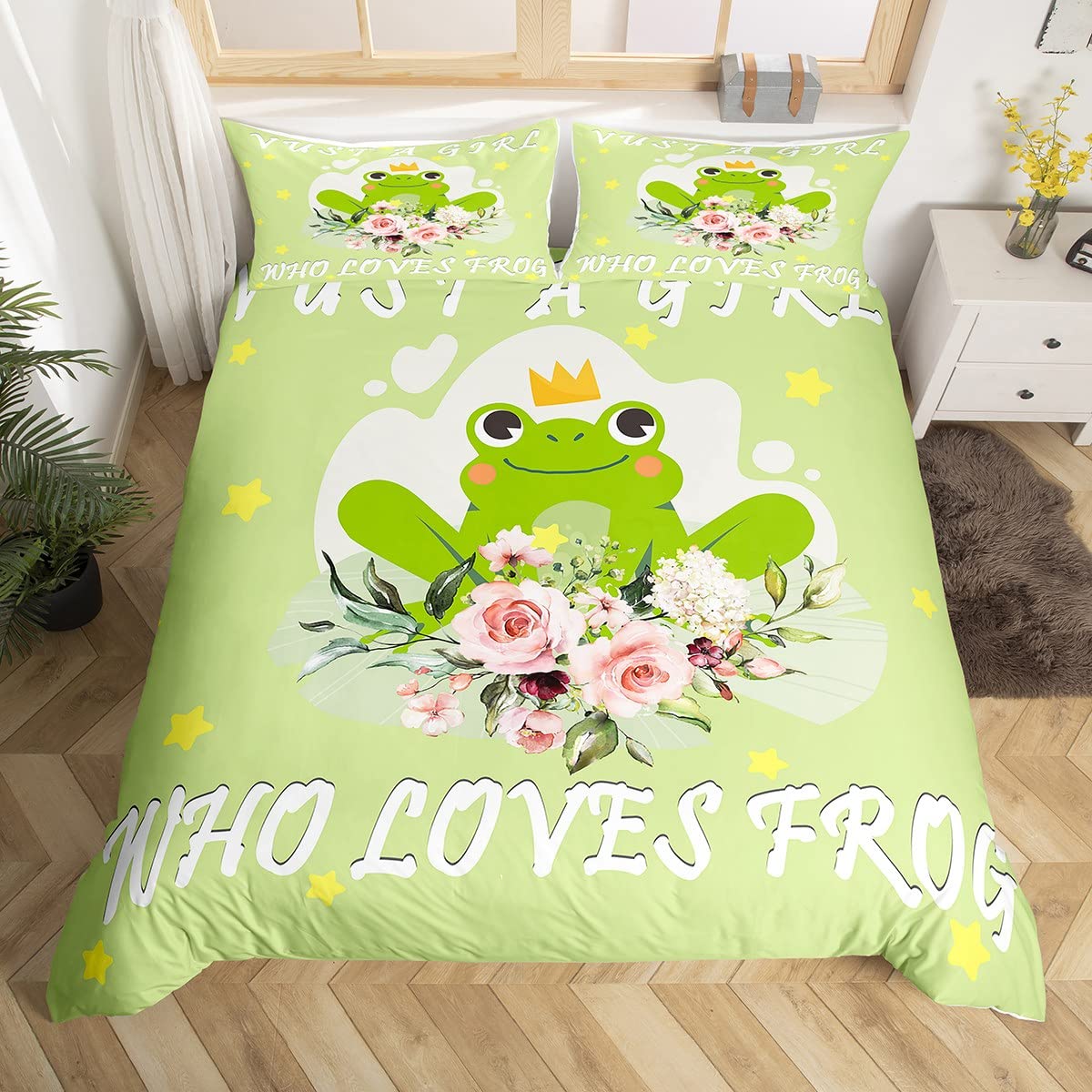 Floral Frog Duvet Cover Cartoon Frog Bedding Set for Kids Boys Girls Cute Animal Comforter Cover Botanical Bedspread Cover Green Duvet Cover Single Size