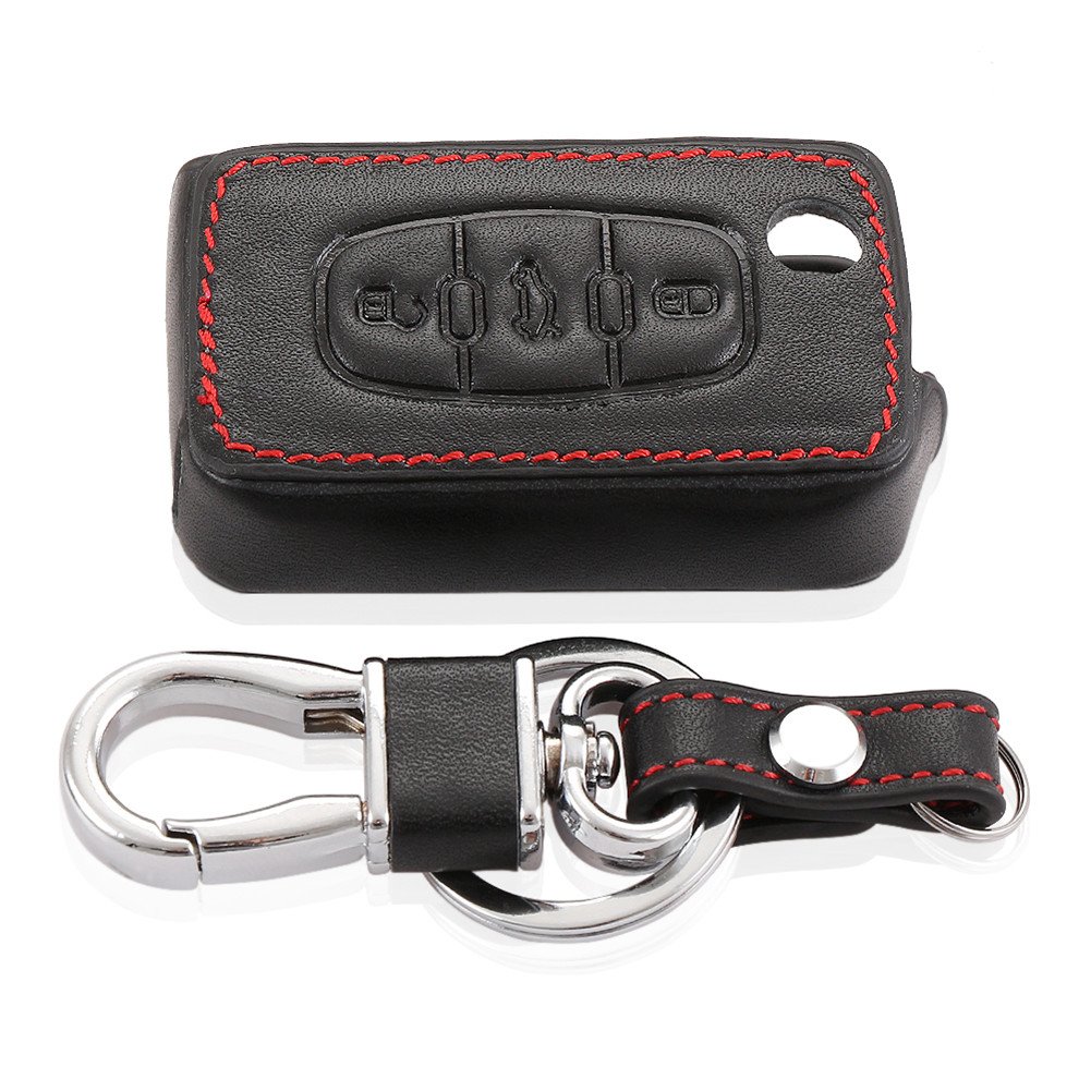 Happyit Leather Car Key Case Cover Keychain for Peugeot RCZ 107 206 207 208 306 307 308 407 408 508 for Citroen C1 C2 C3 C4 C5 C6 C8 3 Buttons Fold Key