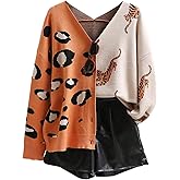 FUVYKOL Leopard Cardigan for Women Tiger Print Button Down Color Block V Neck Sweaters Long Sleeve Lightweight Outwear