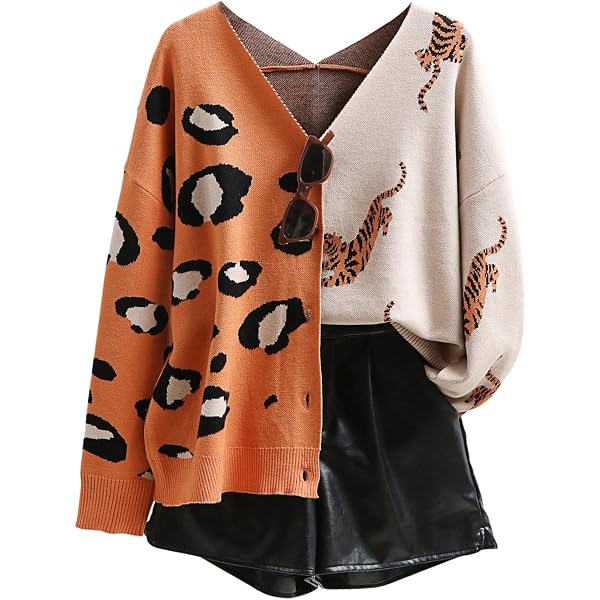 DERAX Women's Oversized Leopard Tiger Print Cardigan Sweaters V