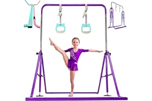 PreGymnastic Updated Folding Gymnastics Bar with Rings, Foldable Kip Bar with Sturdier Base, Gymnasitc Training Bar for Kids Ages 3-10, Gymnastic Horizontal Bars, Home Gym Equipment for Boys Girls