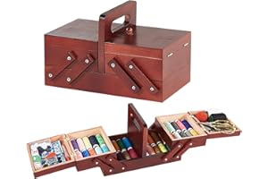 PRIMO SUPPLY Expandable Sewing Box - Seamstress Wooden Box for Thread Spools Storage - Sewing Kit Storage Box w/Handle - Wooden Sewing Basket for Embroidery Kits, Quilting Supplies, Cross Stitch Kits