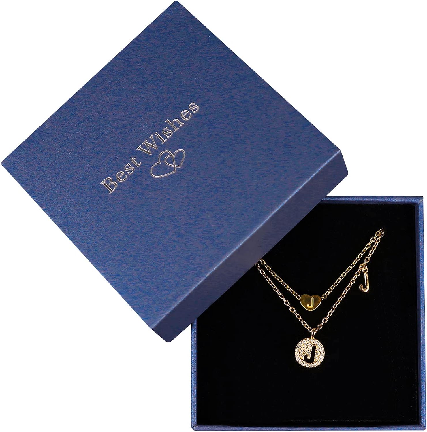 Tiny Gold Initial Heart Necklaces For Girls(2 Styles/Set) ,14k Gold/ Rose Gold Filled Heart Pendant Handmade Dainty Heart/Hollow Of The Initial Letter Necklaces For Teen Girls Kids Jewelry Gifts (Set-J): Clothing
