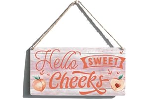 QIOUS Hello Sweet Cheeks Sign Funny Farmhouse Peach Wooden Hanging Sign Plaque Rustic Wall Art Decor Home Bathroom Decoration 12 x 6 Inches