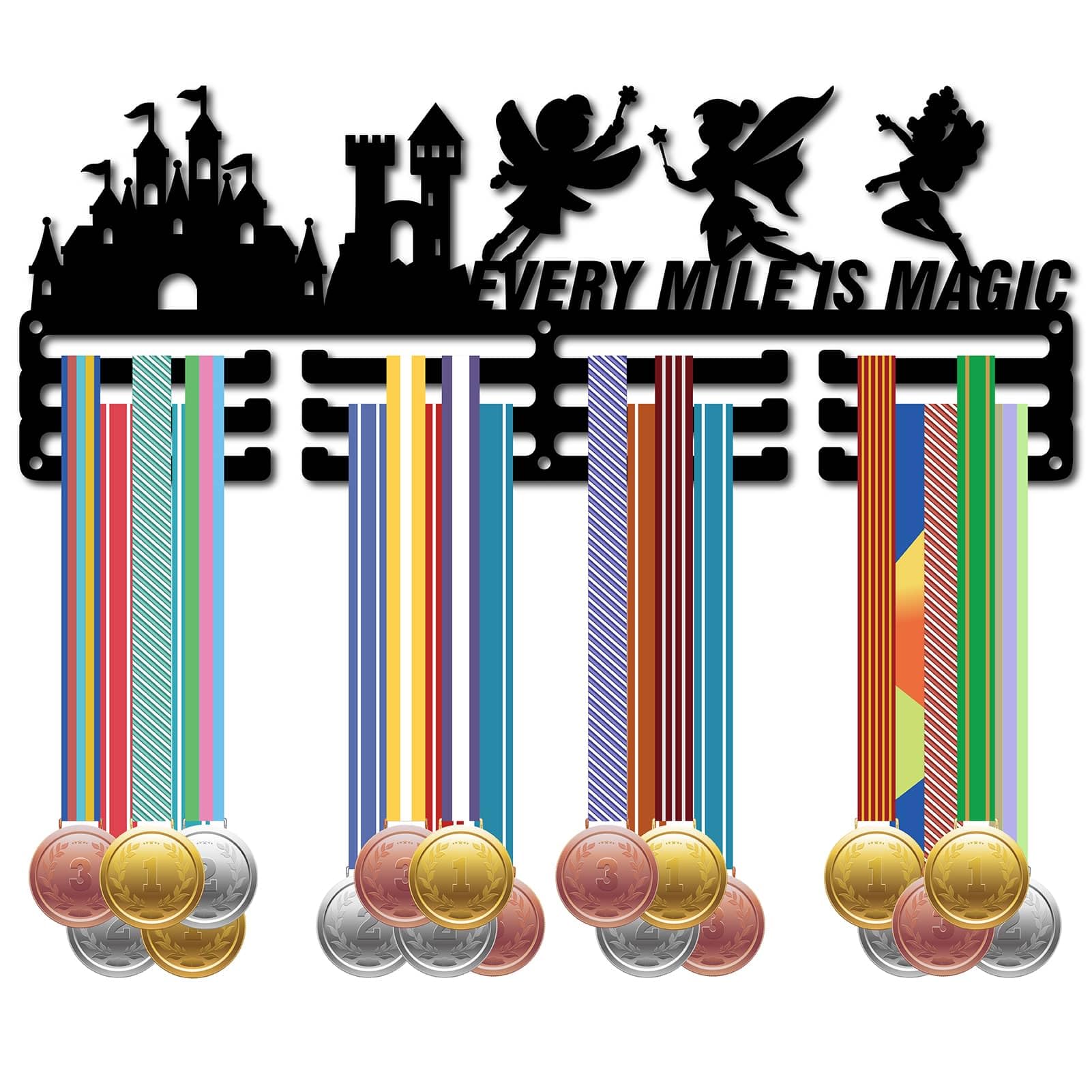 CREATCABIN Medal Hanger Display Medal Holder Rack Angel Fairy Castle Sports Metal Hanging Athlete Awards Wall Mount Decor over 60+ Medals for Competition Ribbon Medal 15.7x5.9Inch-Every Mile is Magic
