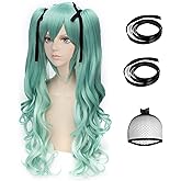 ANOGOL Long Green Cosplay Wig 4PCS Set (1 Hair Cap+2 Black Ribbons+1 Wig) With 2 Wavy Ponytails Green Costume Wig Synthetic Hair for Christmas Halloween Dress up Party