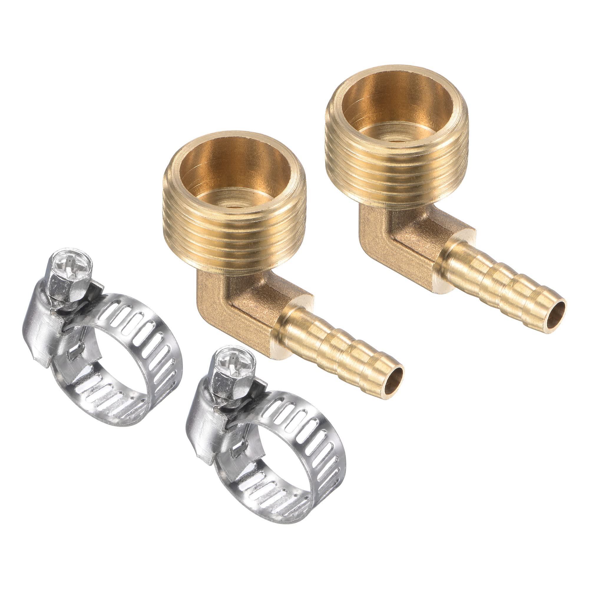 M METERXITY 2 Pack Brass Hose Barb Fittings - 90 Degree Elbow 6mm Brass Pipe Connector with Hose Clamps Apply to Water(G1/2 Male Thread)