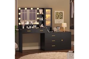 HAUOMS Large Makeup Vanity with Lights Vanity Desk with Mirror, Modern Vanity Table Set with Drawer Dresser, Charging Station & RGB Cabinets, Makeup Desk with 5 Drawers and Storage Shelves, Black