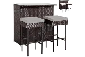 HAPPYGRILL 3 Pieces Patio Bar Set with 2-Color Cushions, Rattan Wicker Bar Set Stools & Table Set with Glass Table Top for Poolside Garden, Outdoor Dining Set with Storage Shelves