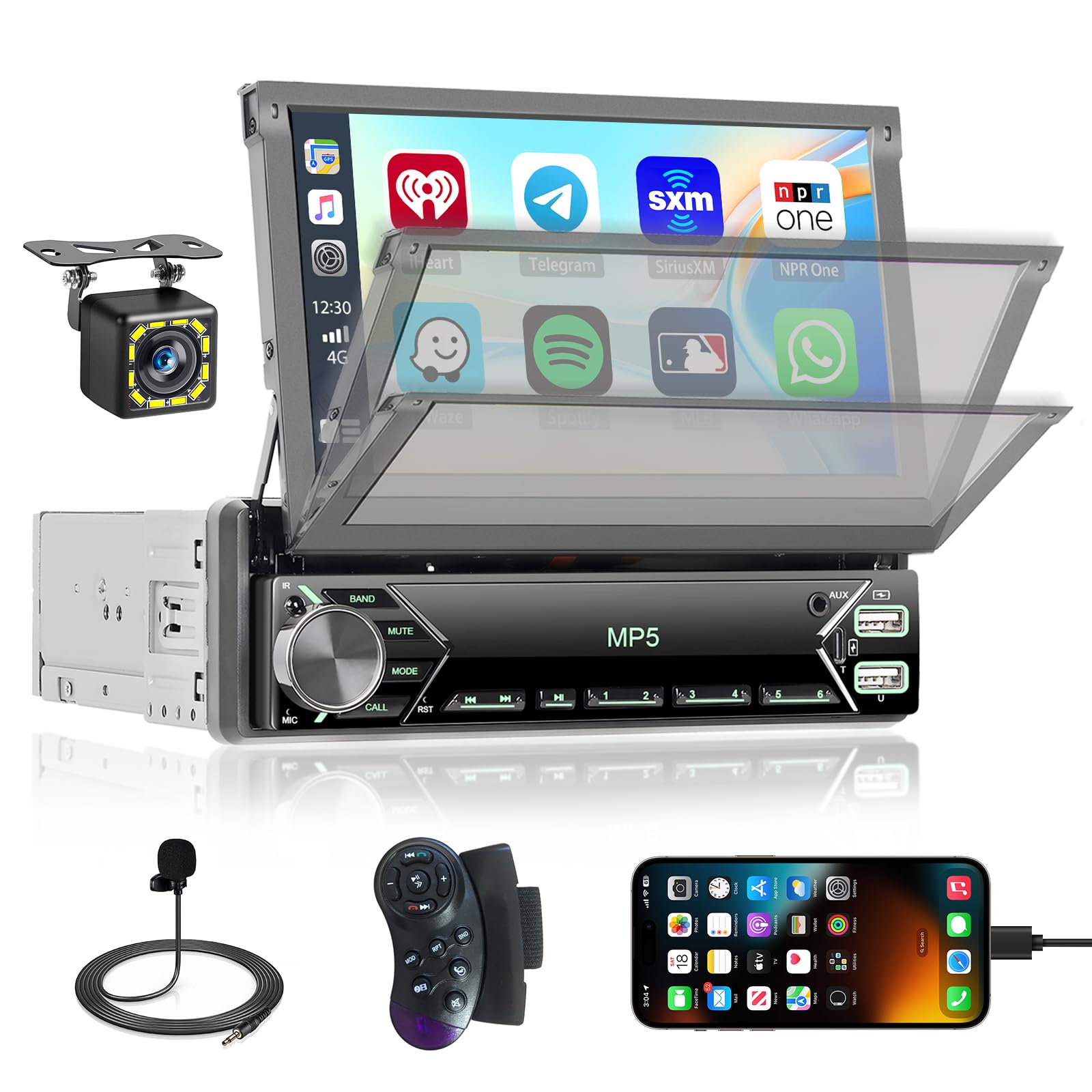 Photo 1 of [Stable AM Radio] Hikity Single Din Car Stereo Carplay Android Auto, 7 Inch Flip Out Touch Screen Car Radio Bluetooth Car Audio Receiver, SWC, Mirror Link, FM/EQ, Dual USB/Type-C, Free Backup Cam, Mic
