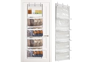 LoforHoney Home Yarn Storage, Hanging Yarn Storage Organizer with 5 Zipper Closure Compartments, Over the Door Yarn Storage Bag for Crochet Hooks and Yarn Balls, Clear Hanging Yarn Holder with 3 Hooks