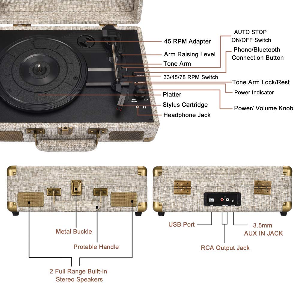 Vinyl Record Player, SKEVONO 3 Speed Portable Suitcase Turntable, Bluetooth Vintage Record Player with 2 Built-in Speakers, Supports RCA Output/Headphone Jack/Phone Music Playback (Light Beige Linen)