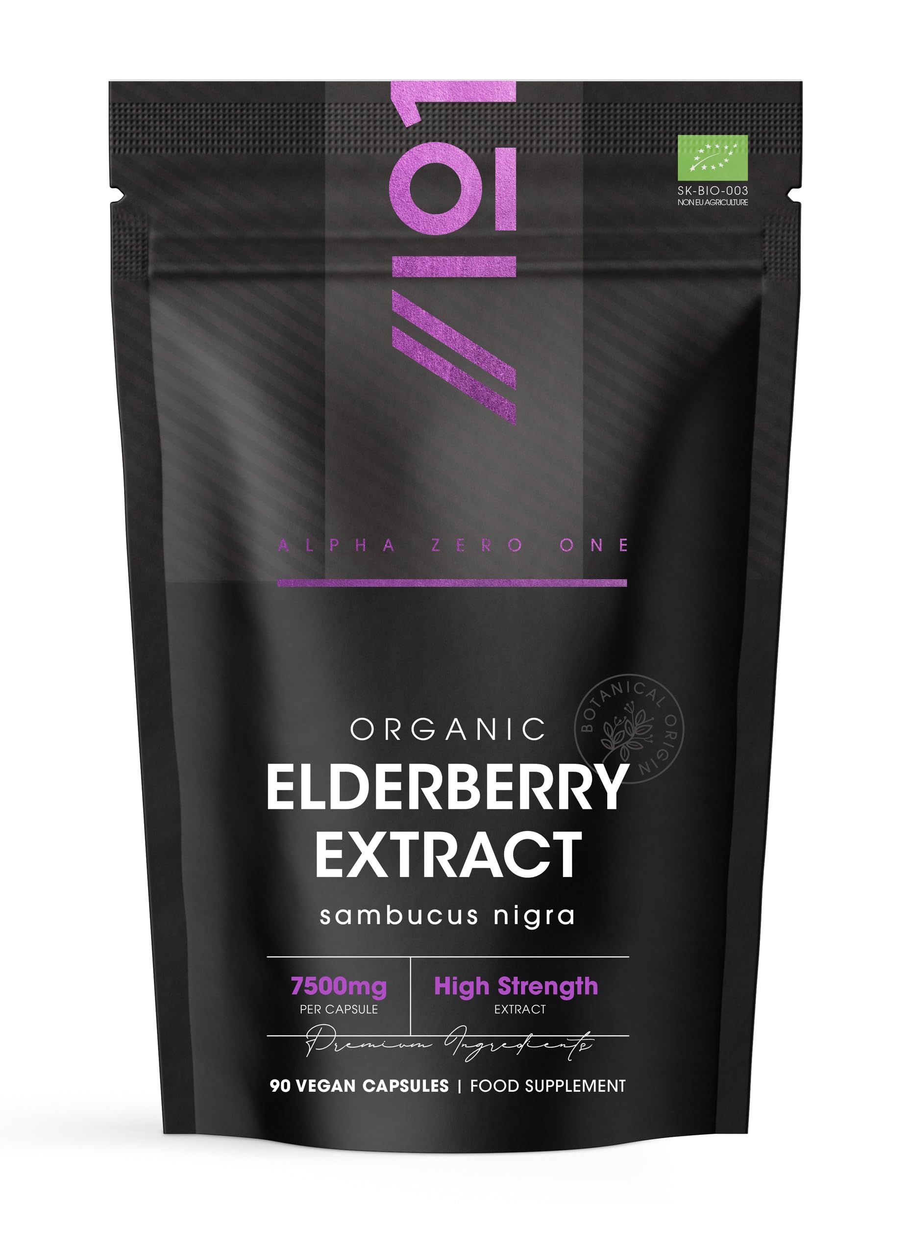 Organic Elderberry Extract 7500mg – High Strength Black Sambucus Extract – 90 Vegan Capsules (3 Months Supply) – Resealable and Recyclable Pouch – By Alpha01