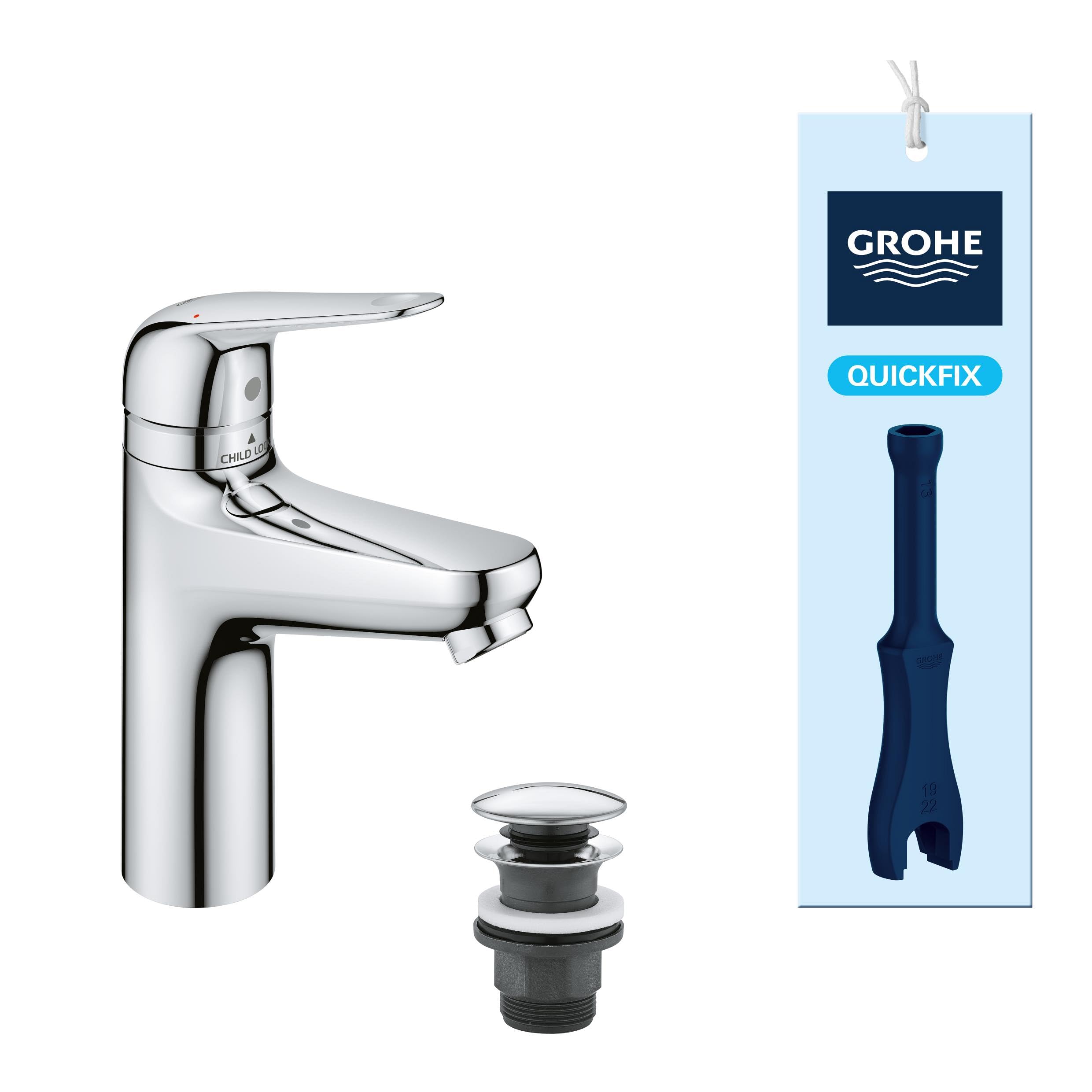 GROHE Swift QuickFix – Basin Mixer with Push-Open Waste Set & Child-Safety Lock (M-Size 185mm, 28mm Ceramic Cartridge, Water Saving, Tails 3/8 Inch, Easy to Fit with GROHE QuickTool), Chrome, 24327001