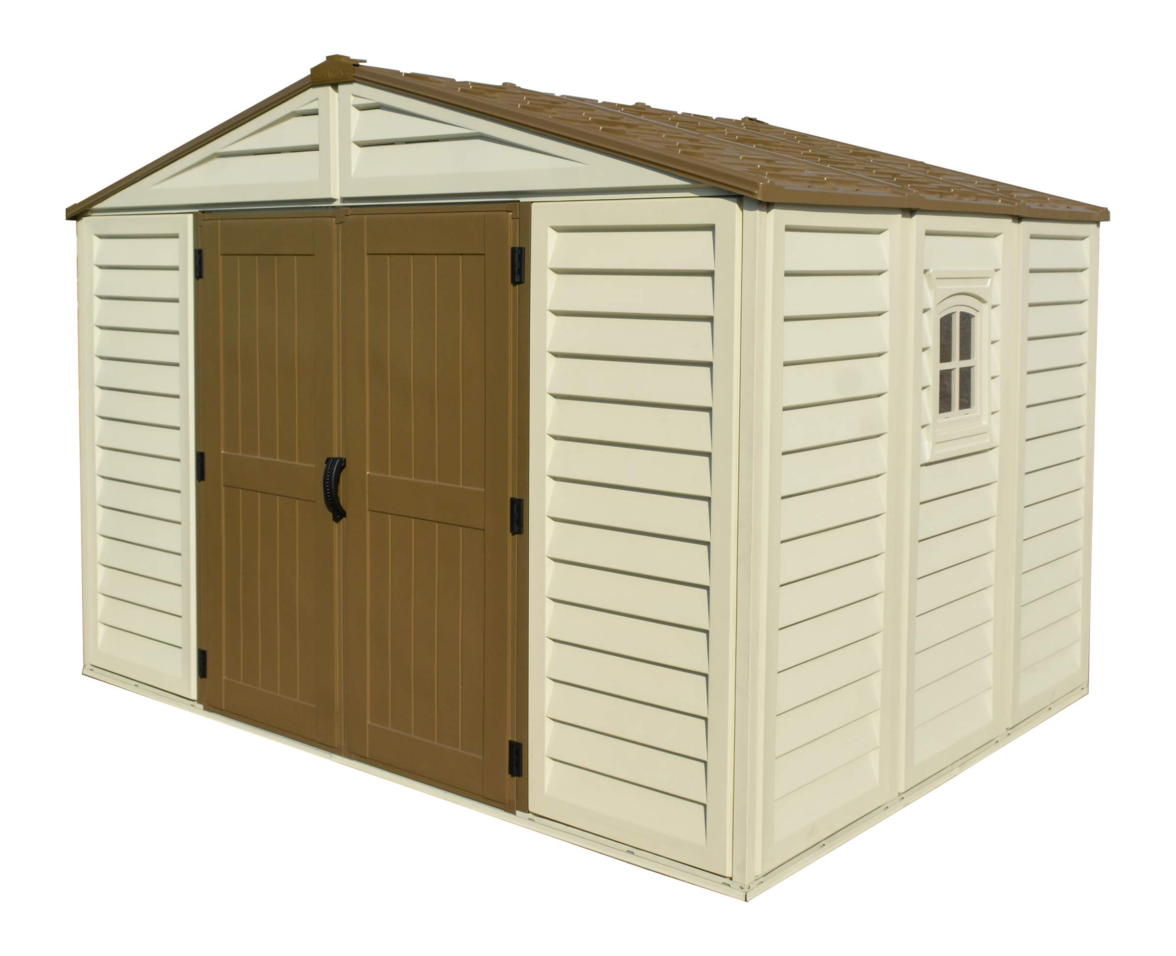 Duramax WoodBridge Plus 10.5 x 8 (8.02 m2) Plastic Garden Shed with 1 Fixed Window & Metal Foundation Kit, Strong Metal Roof Structure Fire Retardant and Maintenance-Free Storage Shed - Ivory/Brown